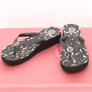 Tory Burch Flip Flop Sandal Wedge Summer Beach Poolside Black Brown Size 9.5